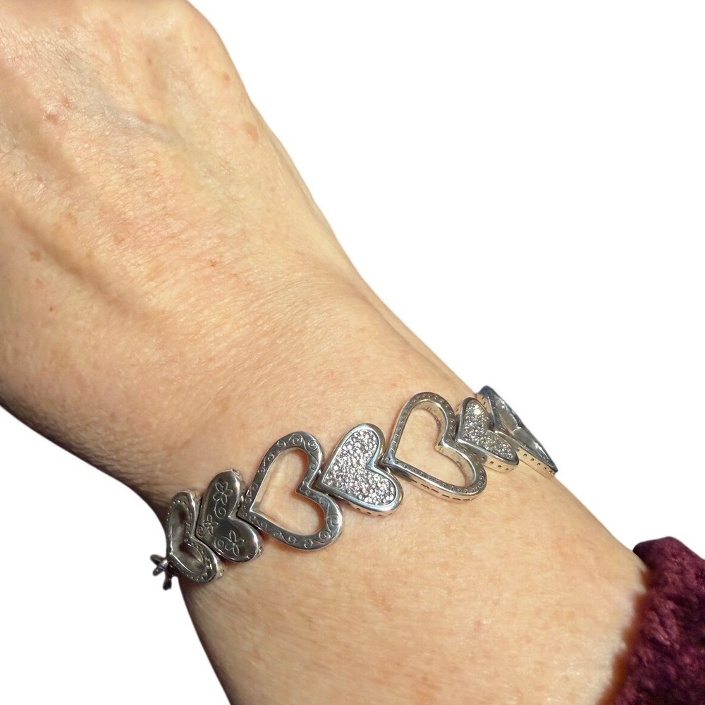 Brighton Silver Tone Heart Link Bracelet Pave Crystal Scroll Engraved Adjustable